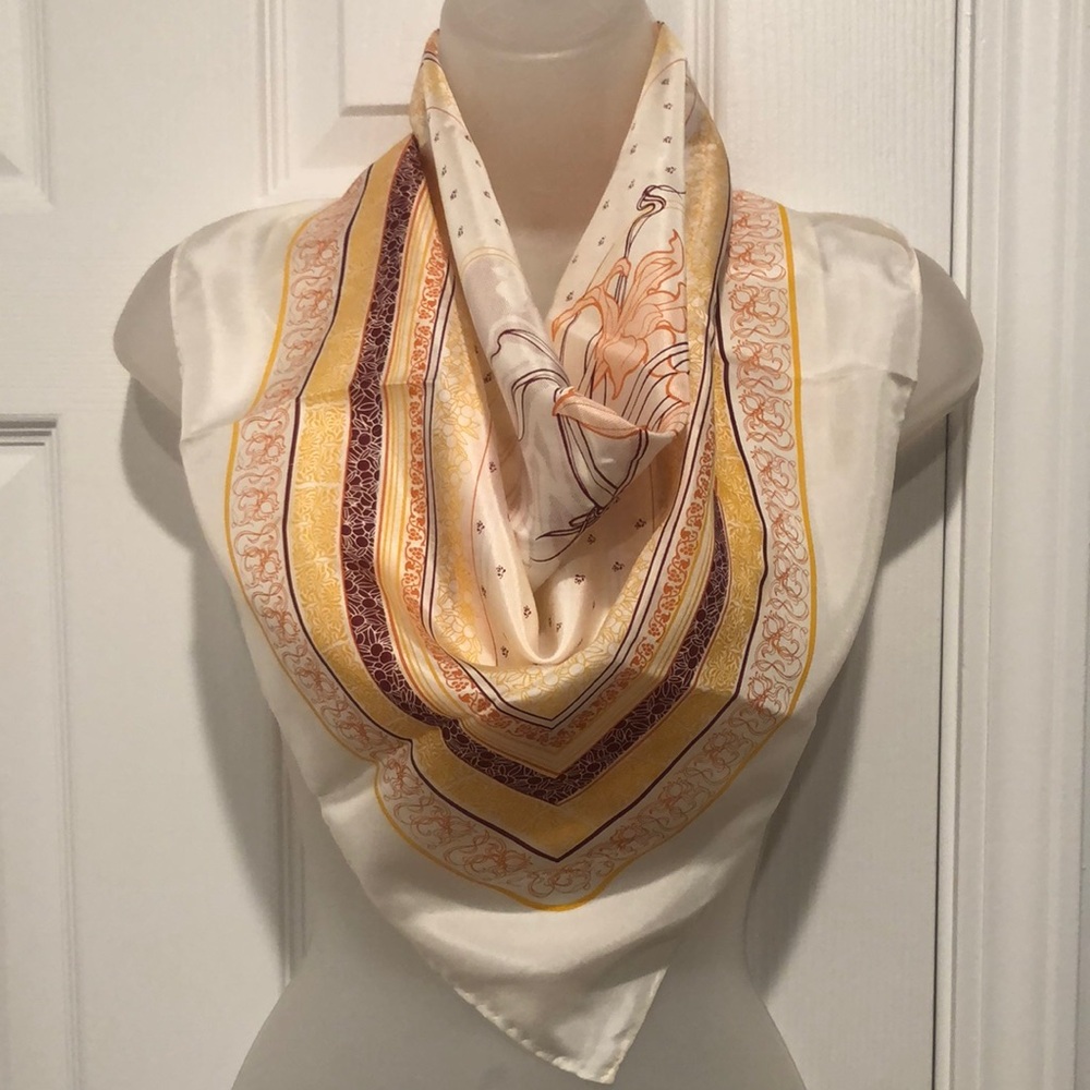 Claudia Elegant Floral Iris Square Silk Scarf, Shawl Neutral Colors. EC Made in